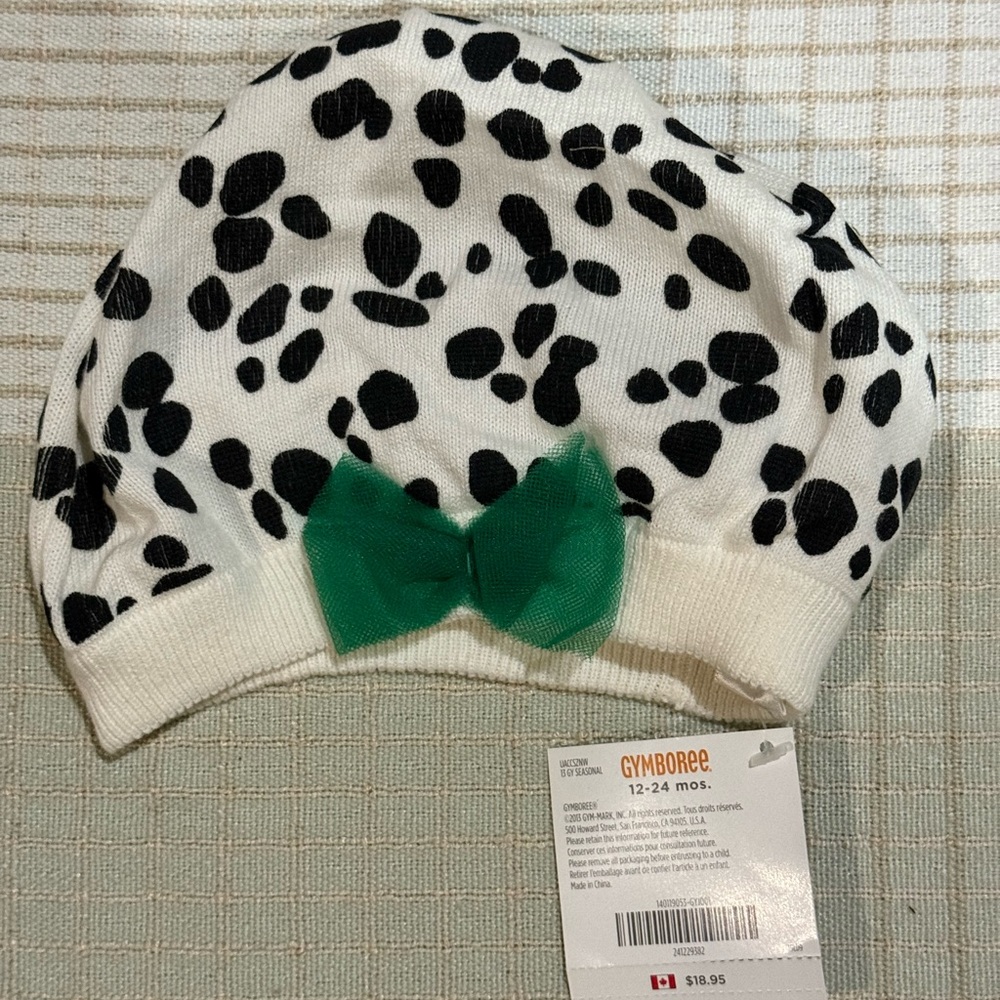 Gymboree White and Black Polka Dot Kids Hat with Green Bow